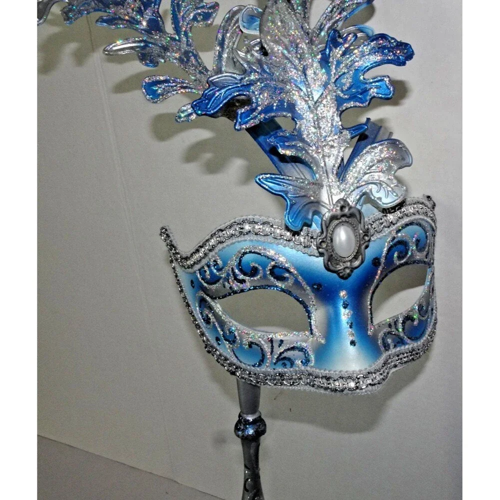Beautiful Venetian Hand Painted Mask Venice Blue Masquerade with Handle Dated